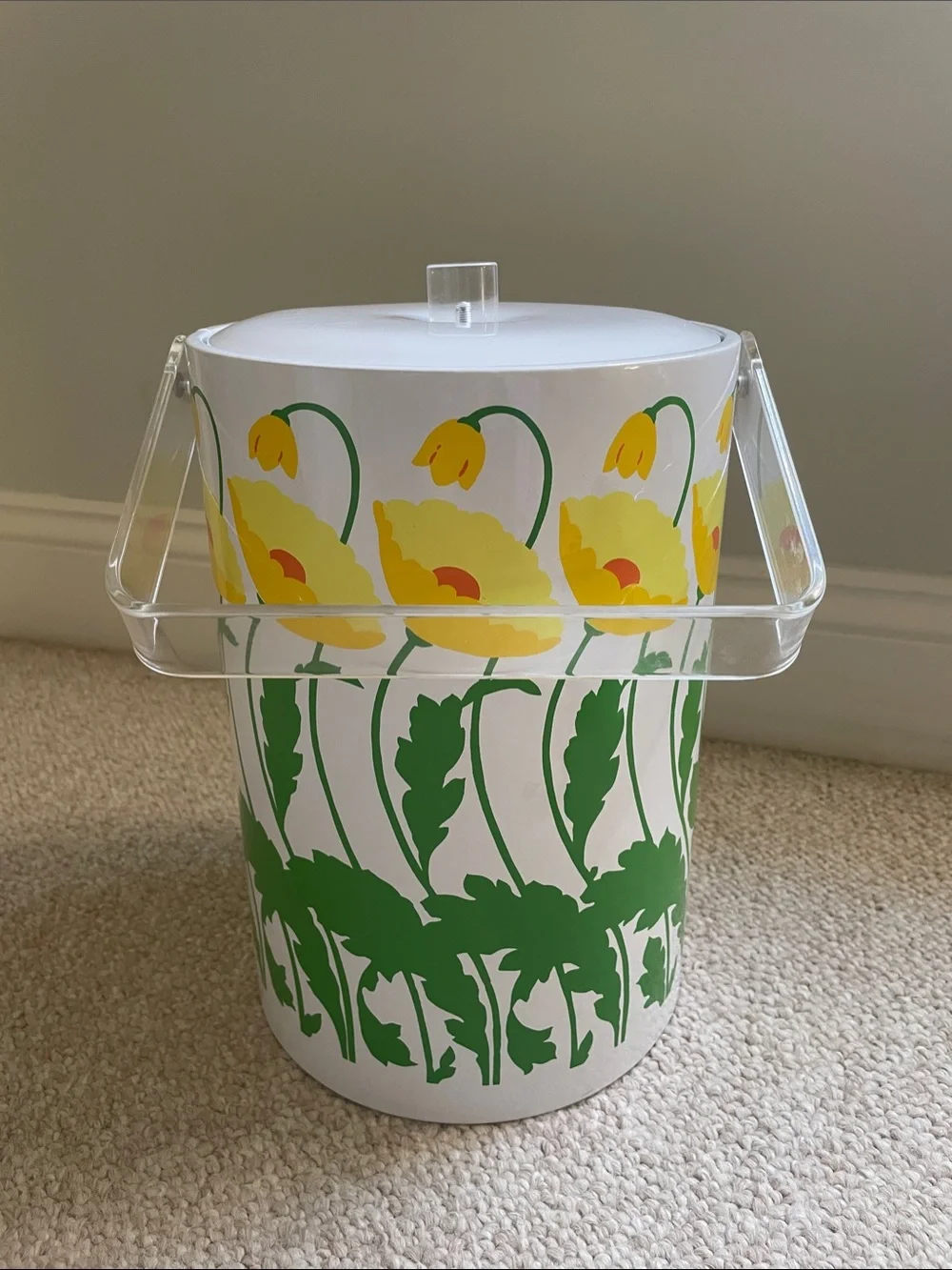 Vintage 1970s St. Tropez Audrey Pattern Ice Bucket with Clear Lucite Handle